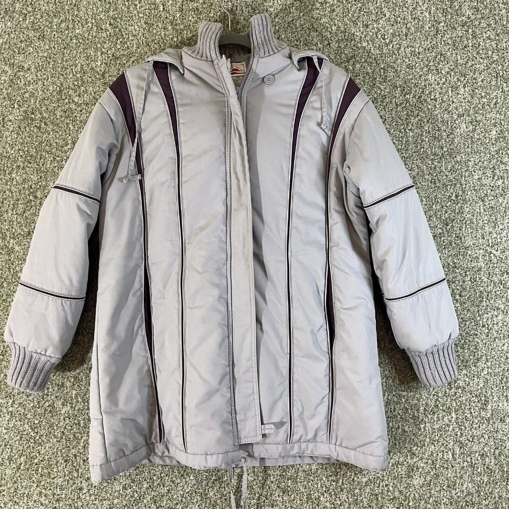 Dawn Coat Women Medium Vintage Gray Purple Stripe Zip Up Detach Hood 90s Taiwan